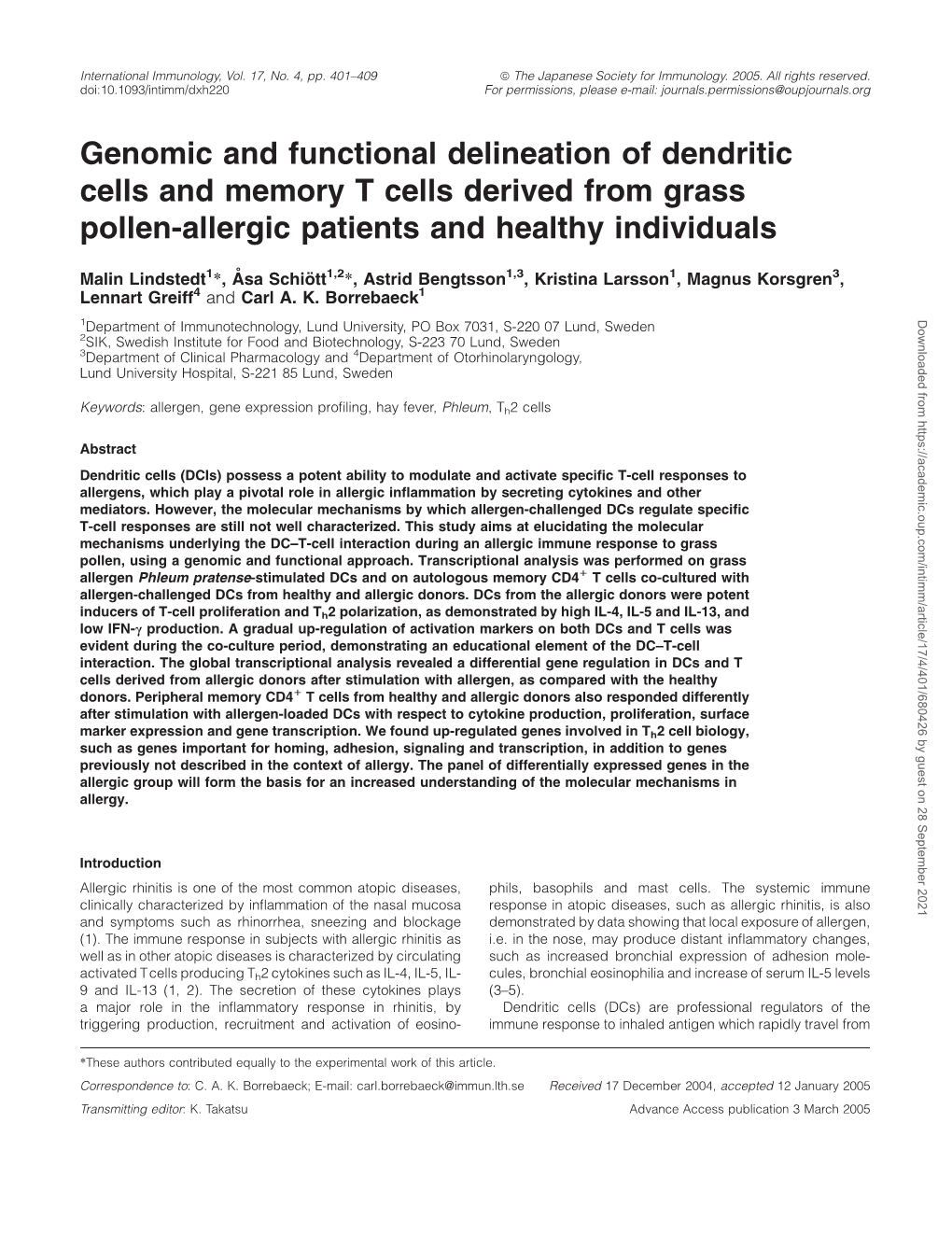 Genomic and Functional Delineation of Dendritic Cells and Memory T Cells Derived from Grass Pollen-Allergic Patients and Healthy Individuals