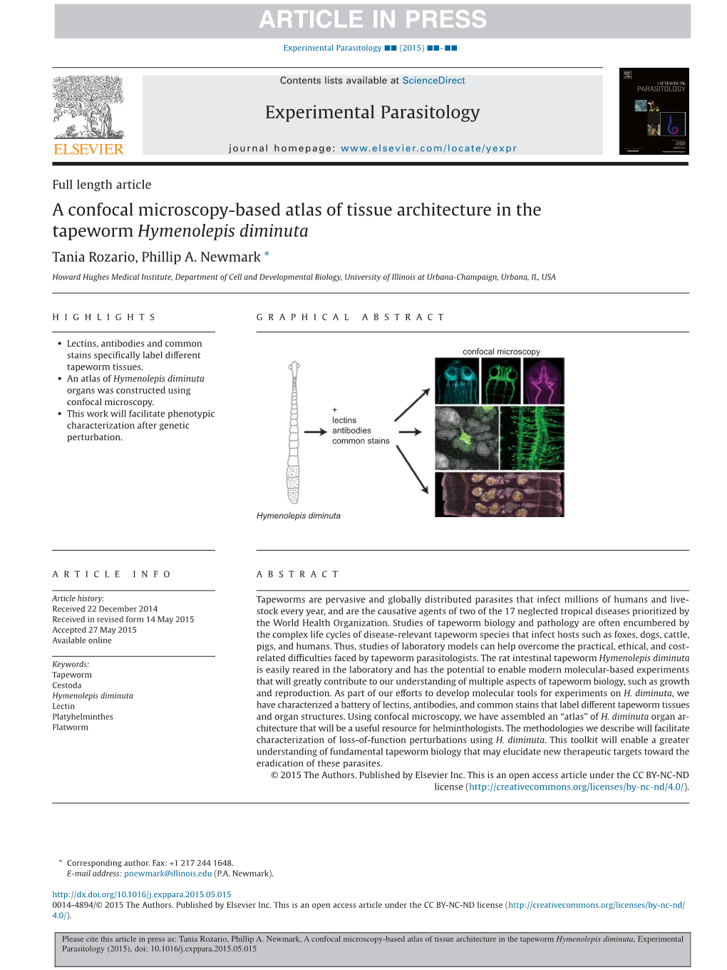 A Confocal Microscopy-Based Atlas of Tissue Architecture in the Tapeworm Hymenolepis Diminuta Tania Rozario, Phillip A