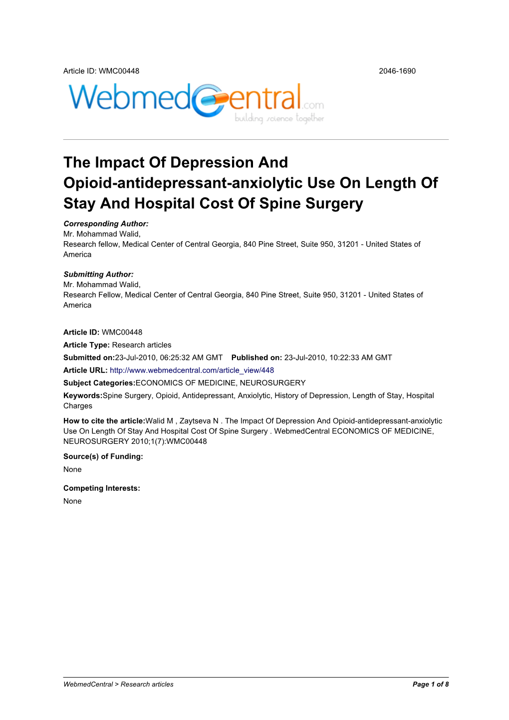 The Impact of Depression and Opioid-Antidepressant-Anxiolytic Use on Length of Stay and Hospital Cost of Spine Surgery