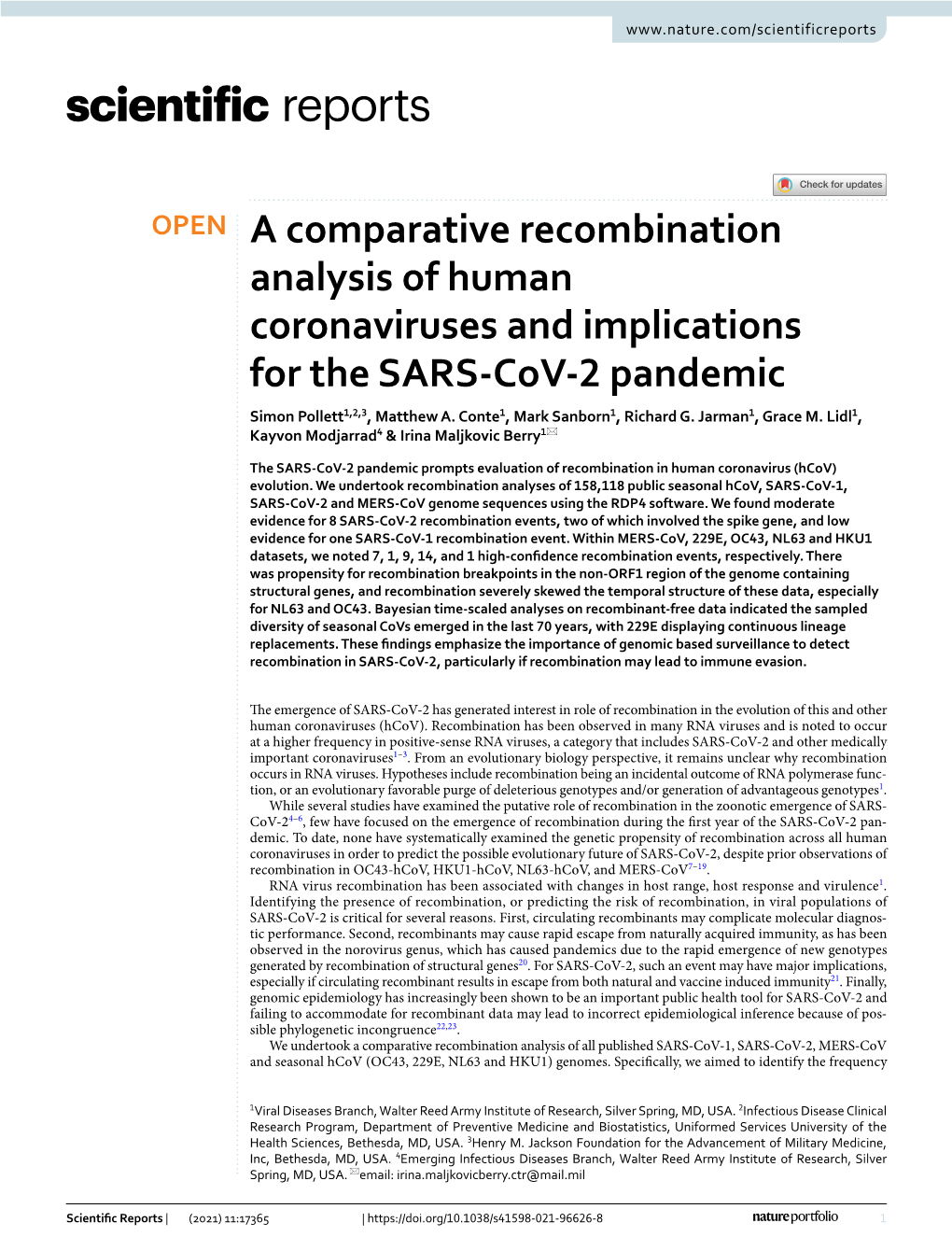 A Comparative Recombination Analysis of Human Coronaviruses and Implications for the SARS‑Cov‑2 Pandemic Simon Pollett1,2,3, Matthew A