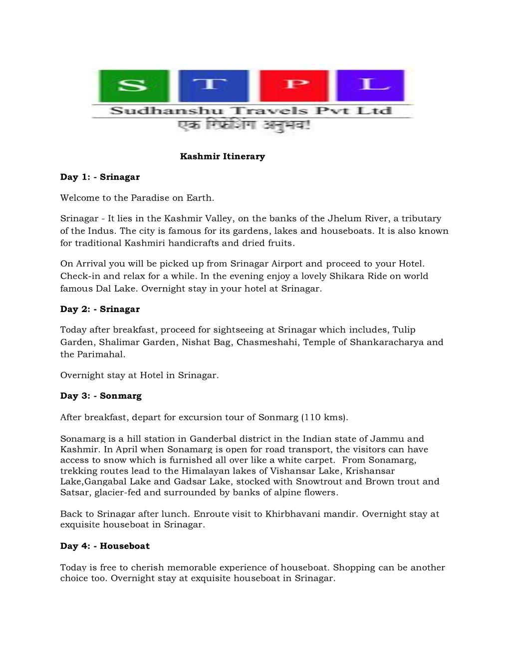 Kashmir Itinerary Day 1