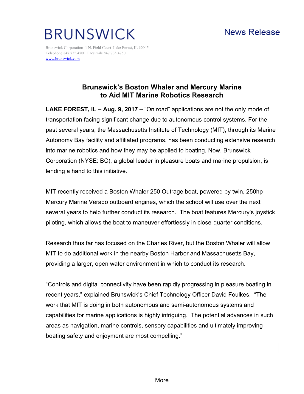 Brunswick's Boston Whaler and Mercury Marine to Aid MIT Marine Robotics Research