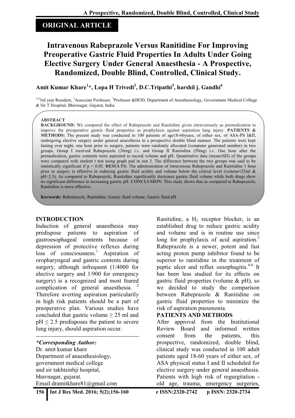 Intravenous Rabeprazole Versus Ranitidine for Improving