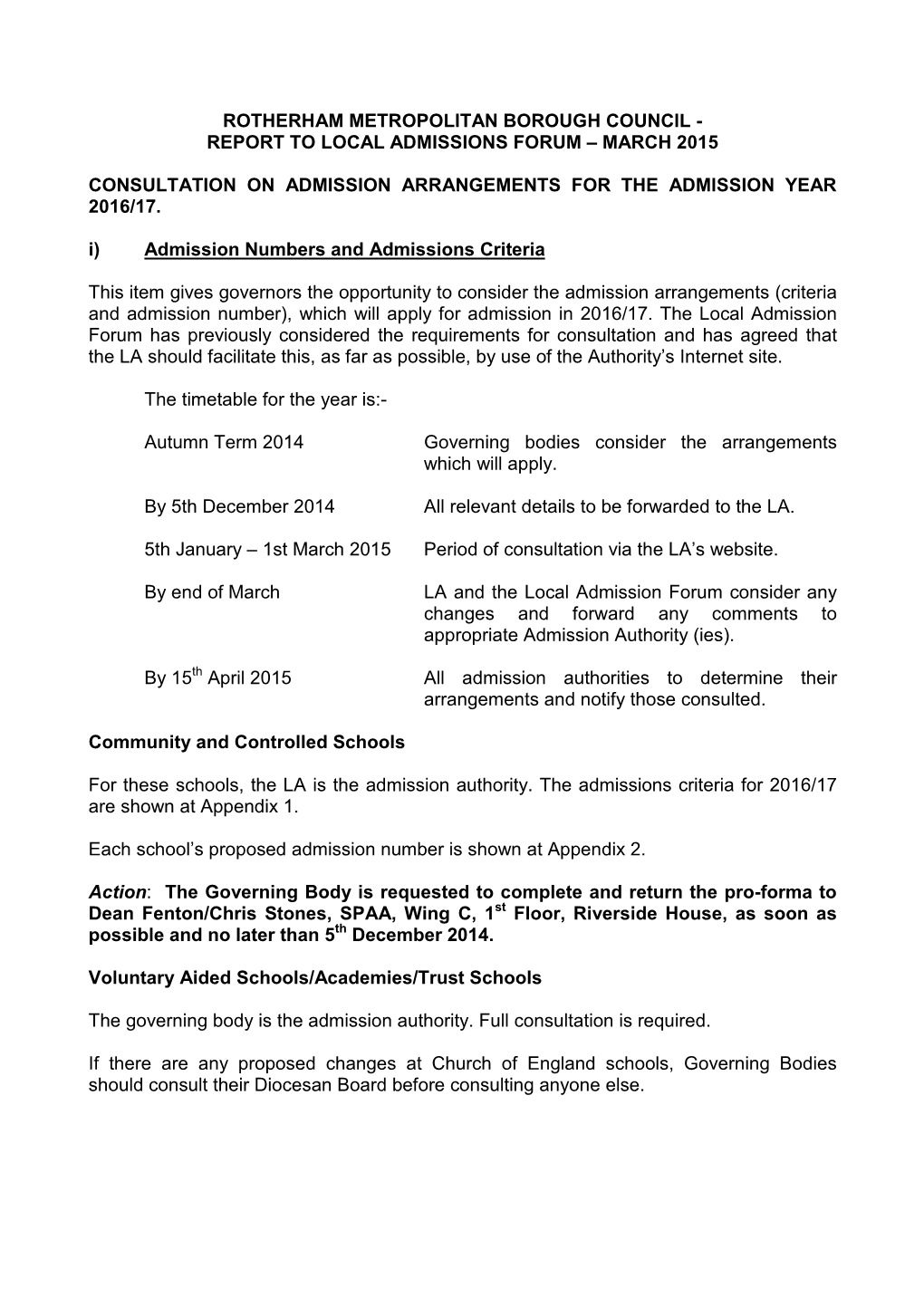 March 2015 Consultation on Admission Arrangements