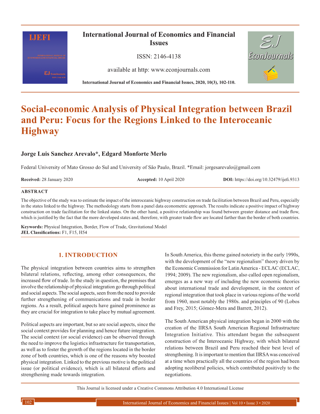 Social-Economic Analysis of Physical Integration Between Brazil and Peru: Focus for the Regions Linked to the Interoceanic Highway