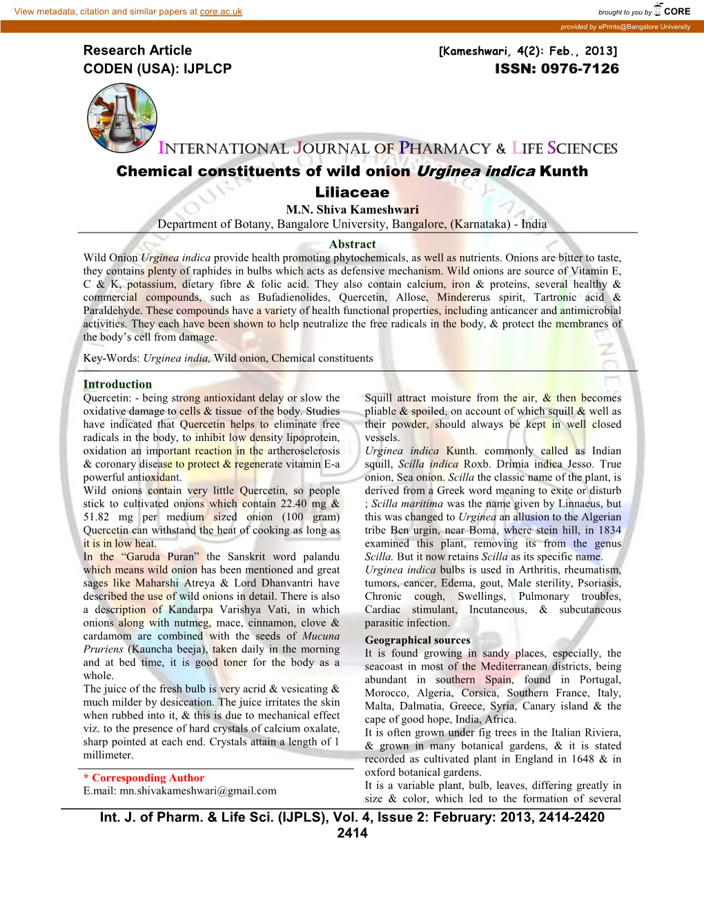 Chemical Constituents of Wild Onion Urginea Indica Kunth Liliaceae M.N