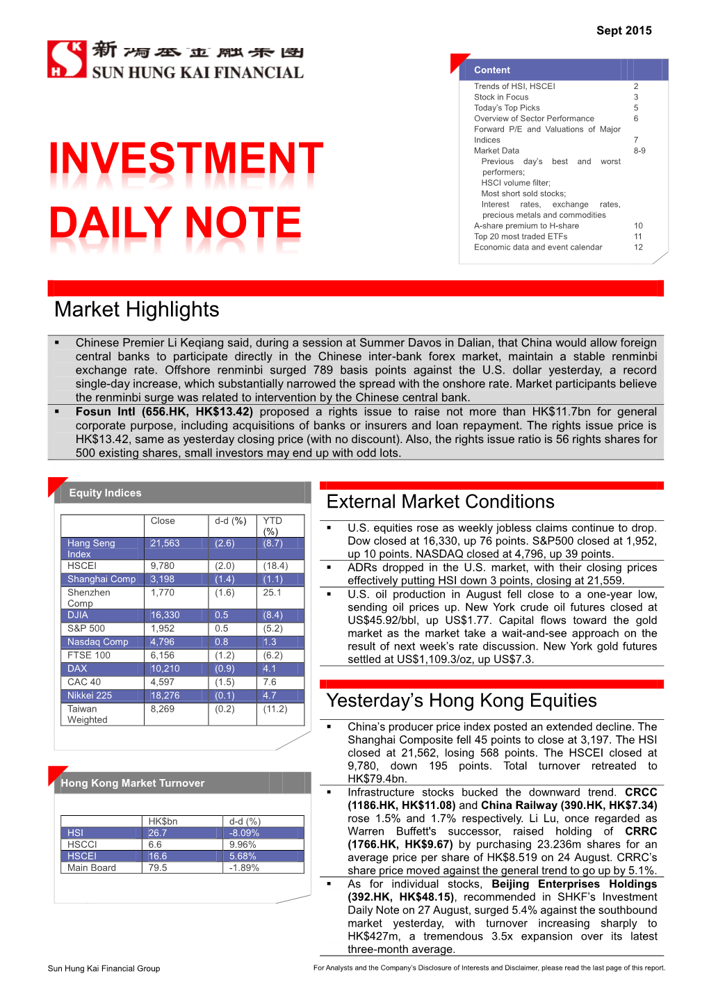 INVESTMENT DAILY NOTE 11 Sept 2015