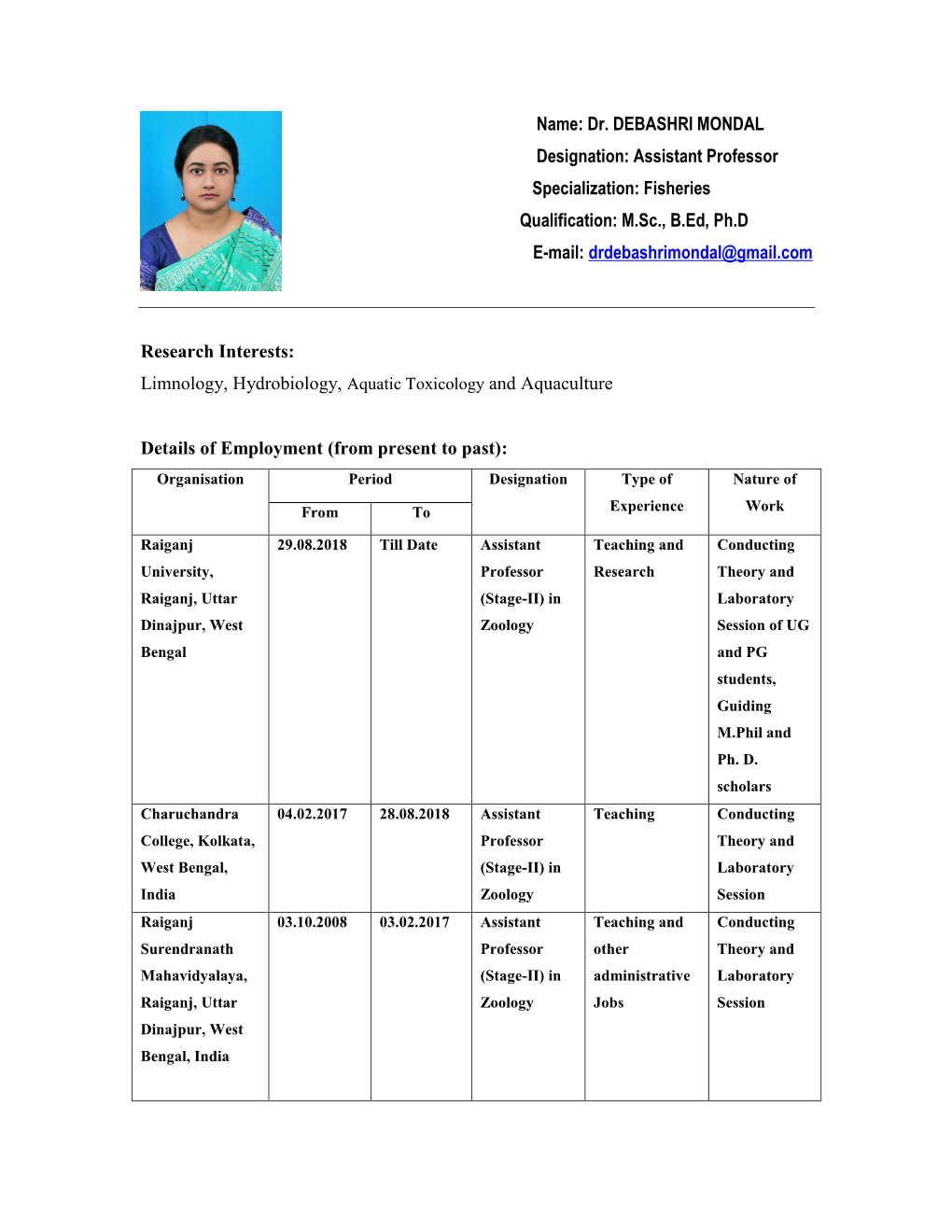 Curricualavitae of Debashri Mondal