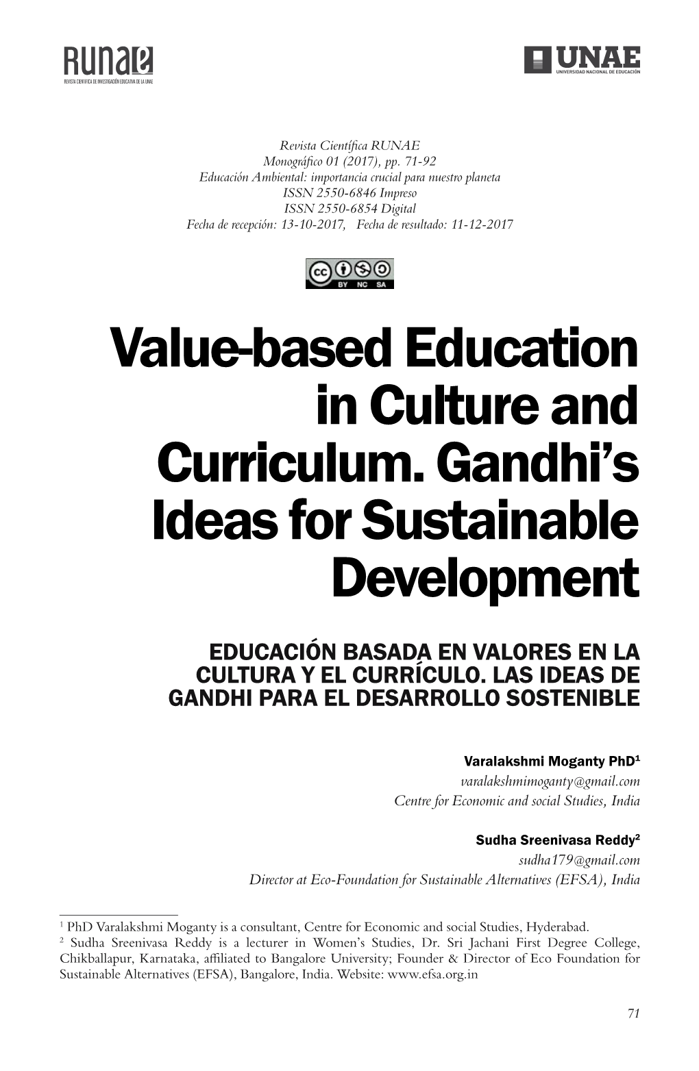 Value-Based Education in Culture and Curriculum. Gandhi's Ideas For