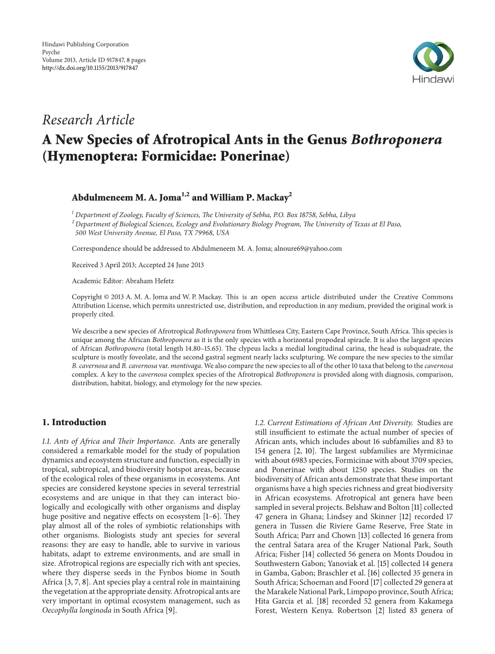 A New Species of Afrotropical Ants in the Genus Bothroponera (Hymenoptera: Formicidae: Ponerinae)