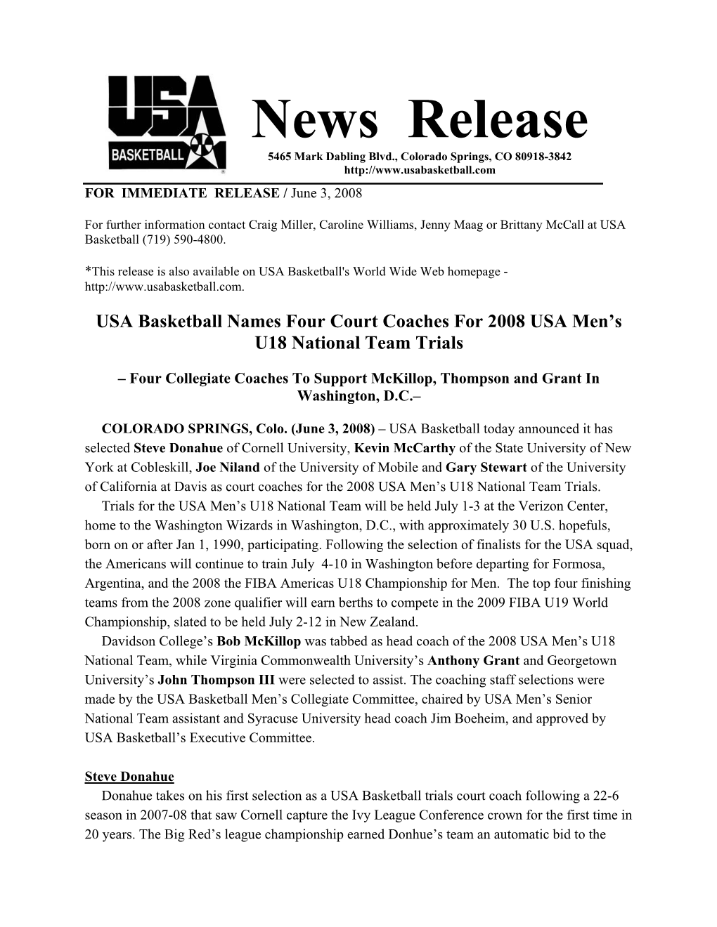 News Release 5465 Mark Dabling Blvd., Colorado Springs, CO 80918-3842