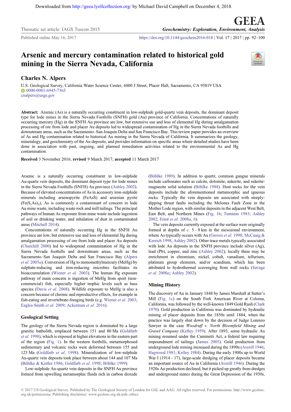 Arsenic and Mercury Contamination Related to Historical Gold Mining in the Sierra Nevada, California