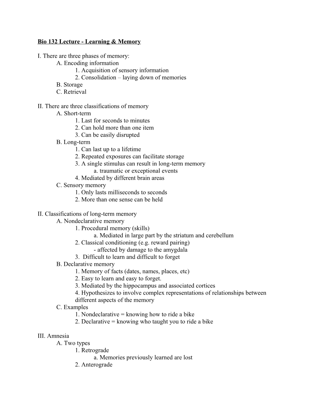 Bio 132 Lecture - Learning & Memory