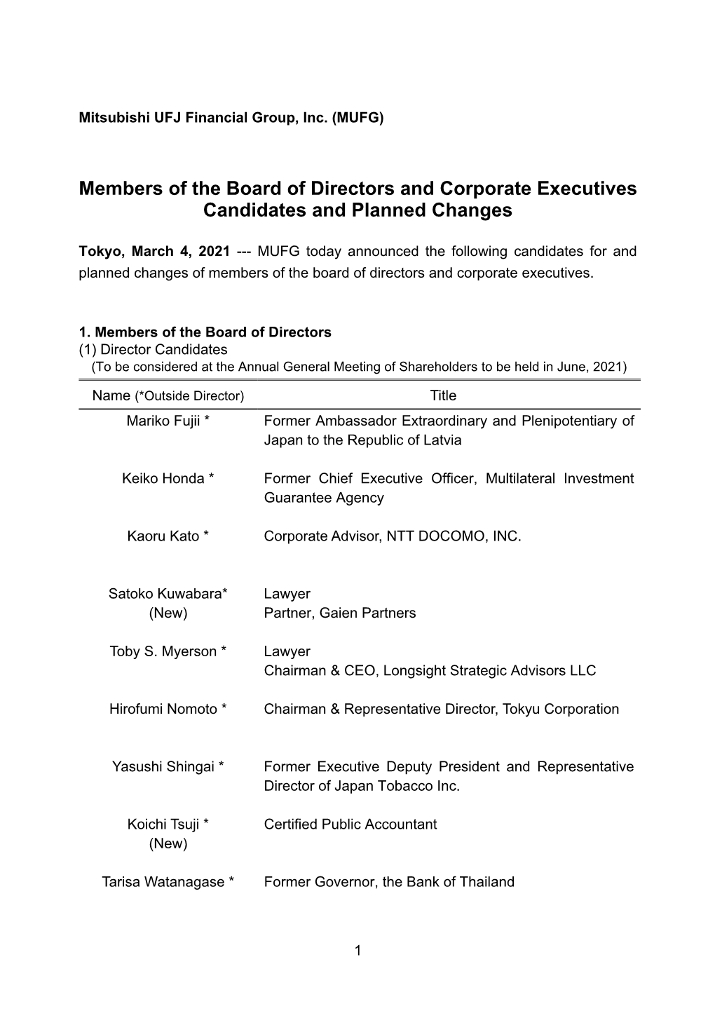 Members of the Board of Directors and Corporate Executives Candidates and Planned Changes