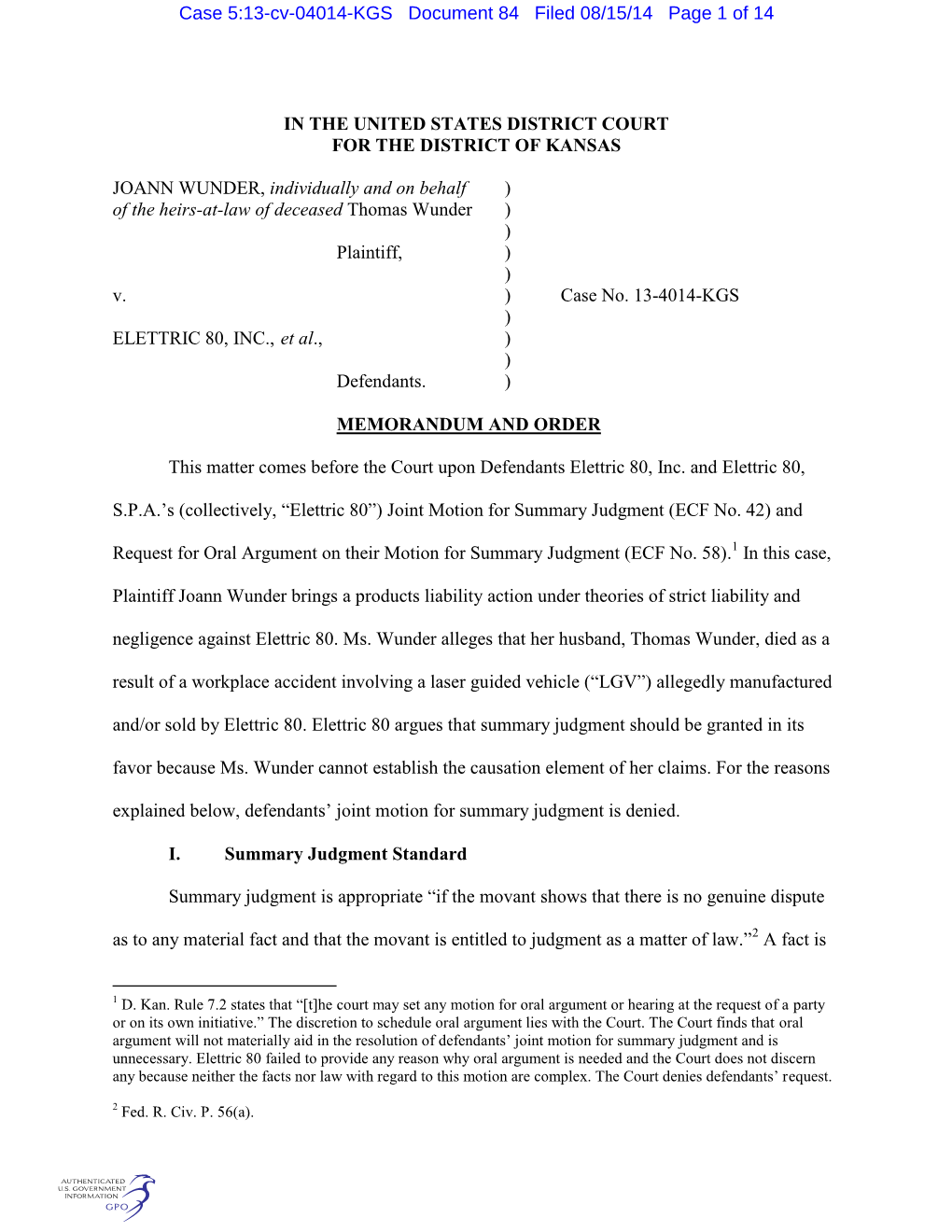 IN the UNITED STATES DISTRICT COURT for the DISTRICT of KANSAS JOANN WUNDER, Individually and on Behalf ) of the Heirs-At-Law Of