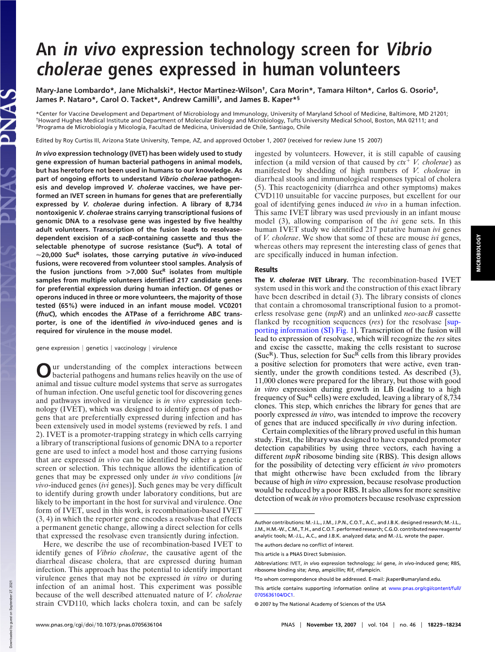 An in Vivo Expression Technology Screen for Vibrio Cholerae Genes Expressed in Human Volunteers