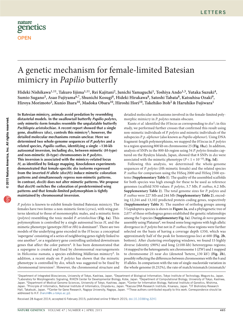 A Genetic Mechanism for Female-Limited Batesian Mimicry in Papilio Butterfly