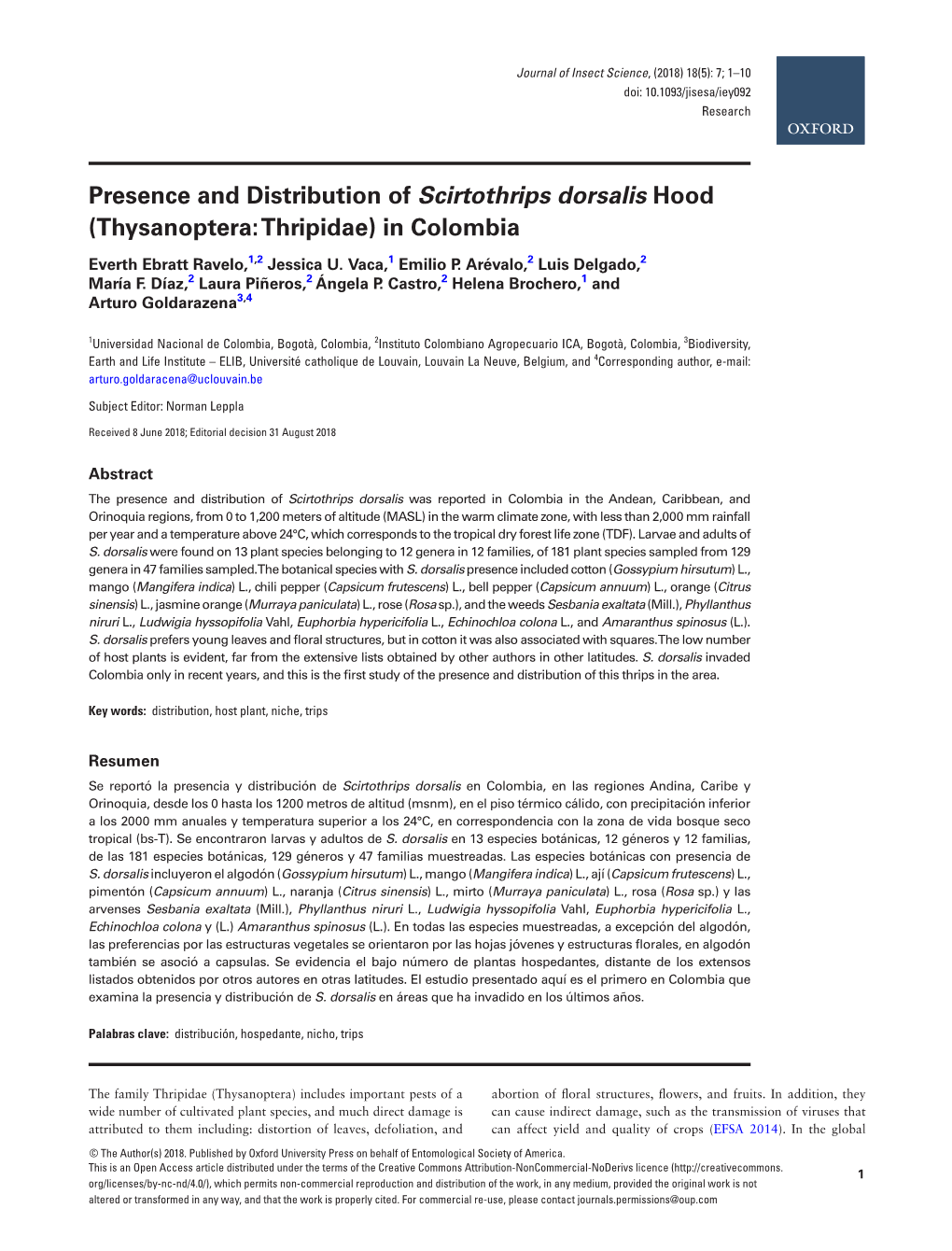 Presence and Distribution of Scirtothrips Dorsalis Hood (Thysanoptera: Thripidae) in Colombia