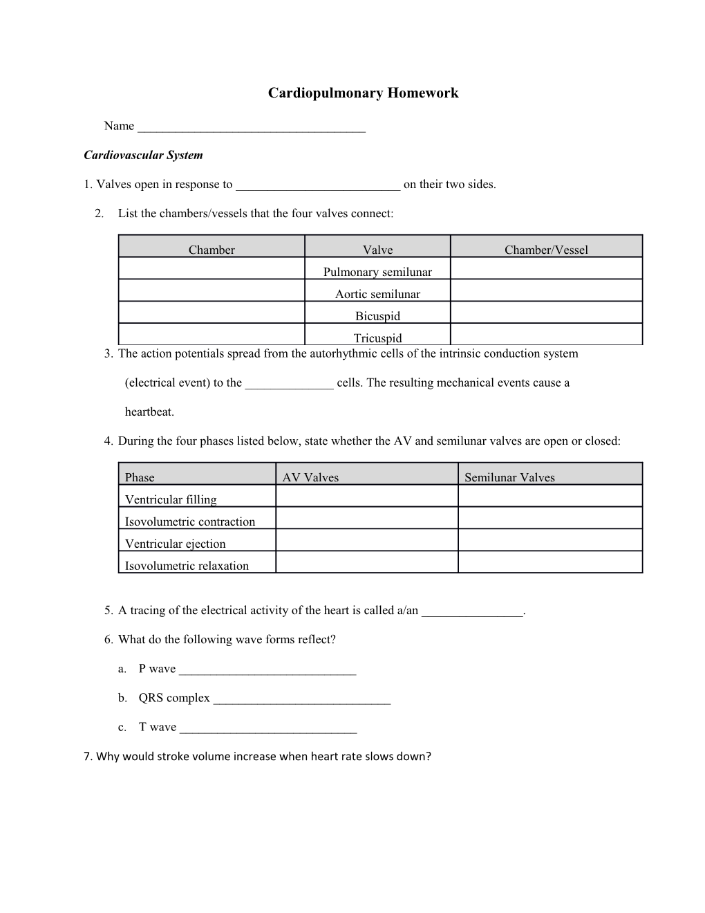 Cardiopulmonary Homework