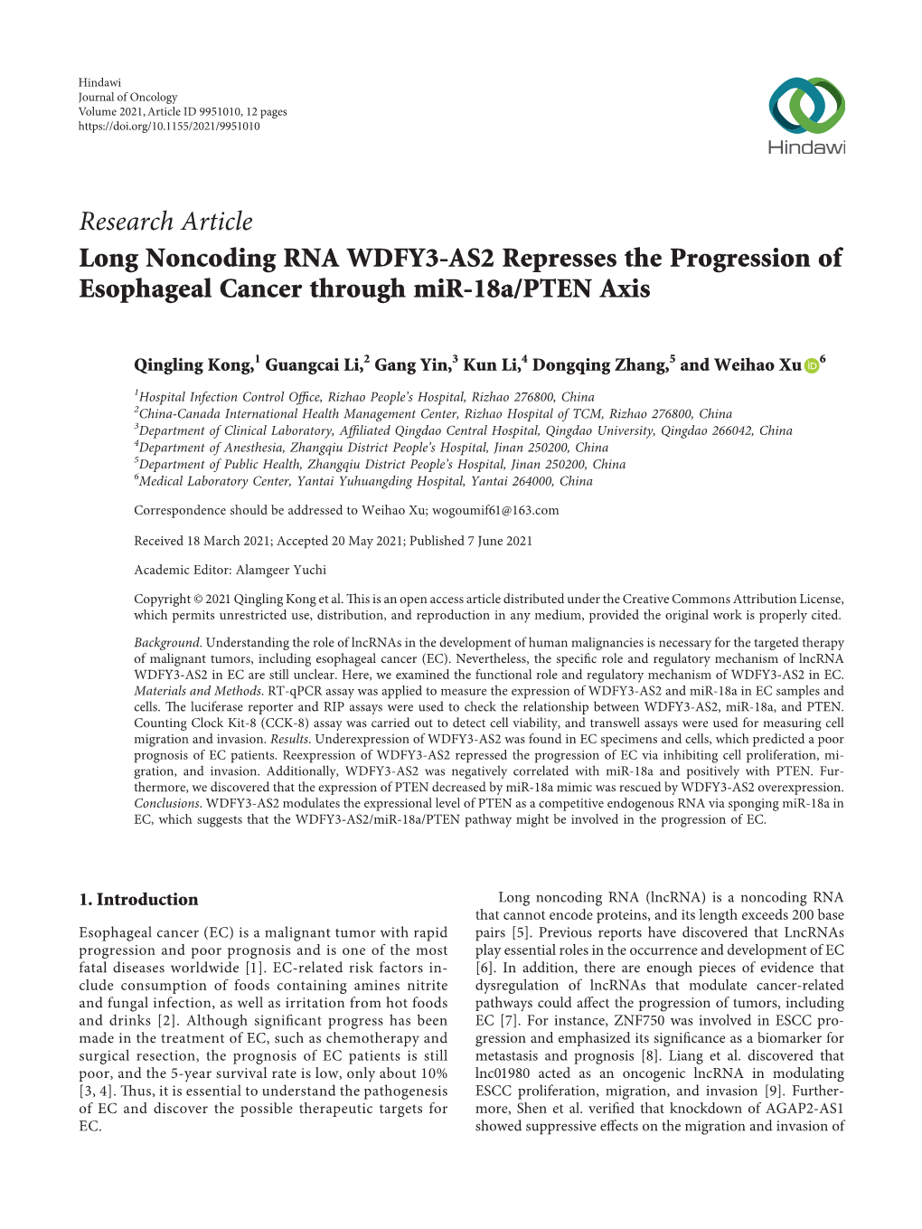 Long Noncoding RNA WDFY3-AS2 Represses the Progression of Esophageal Cancer Through Mir-18A/PTEN Axis