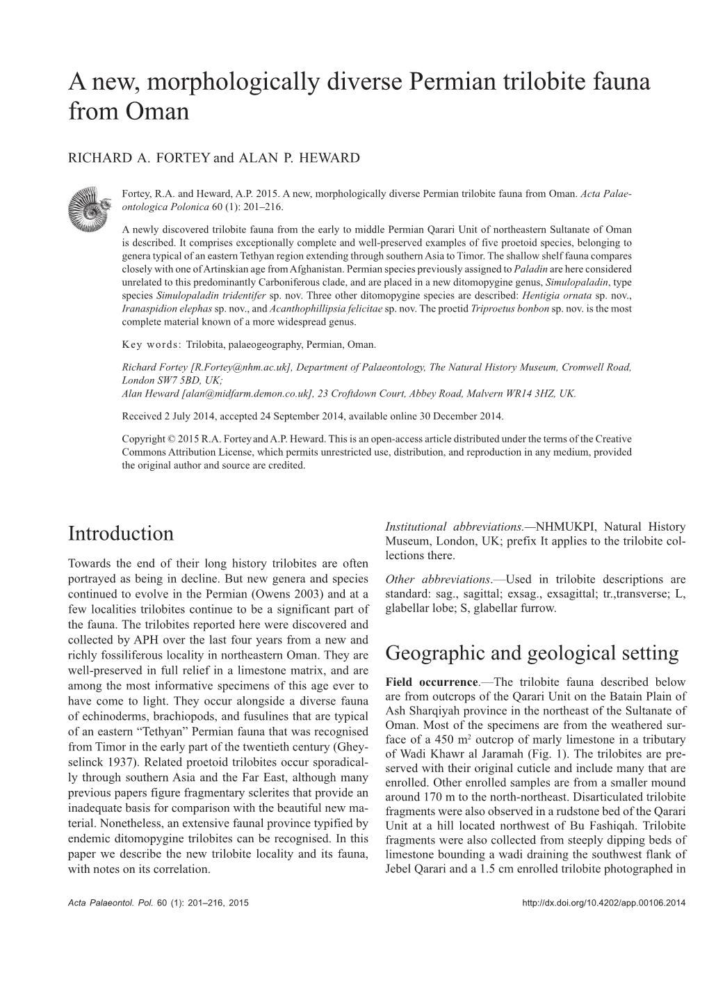 A New, Morphologically Diverse Permian Trilobite Fauna from Oman