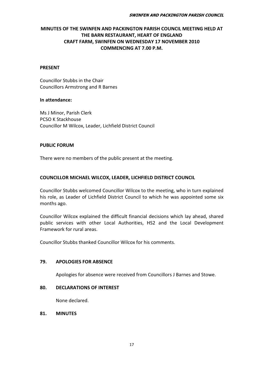 Minutes of the Swinfen and Packington Parish Council