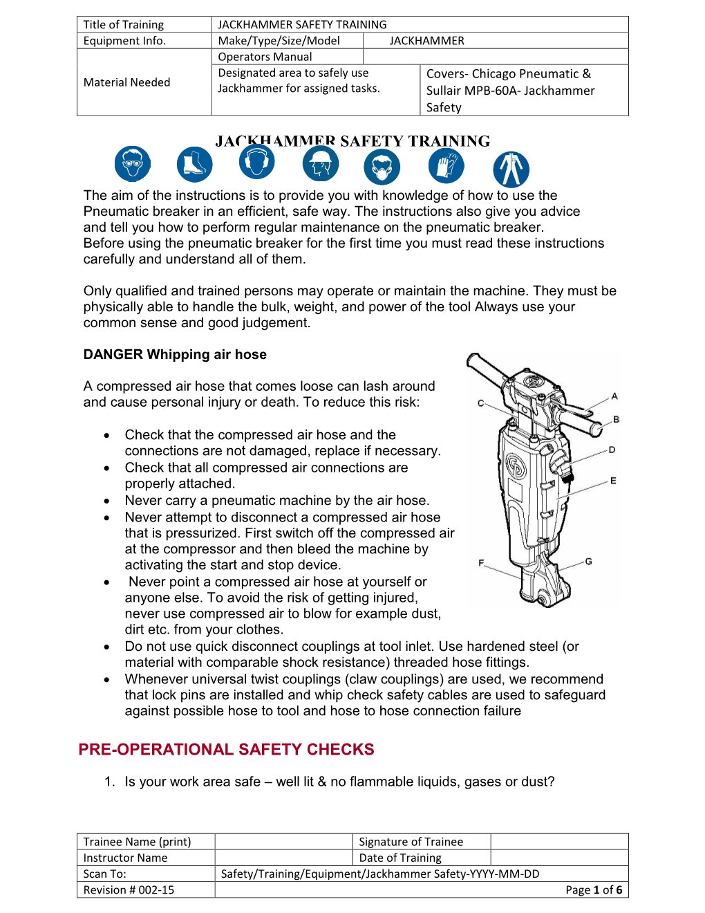 JACKHAMMER SAFETY TRAINING Equipment Info
