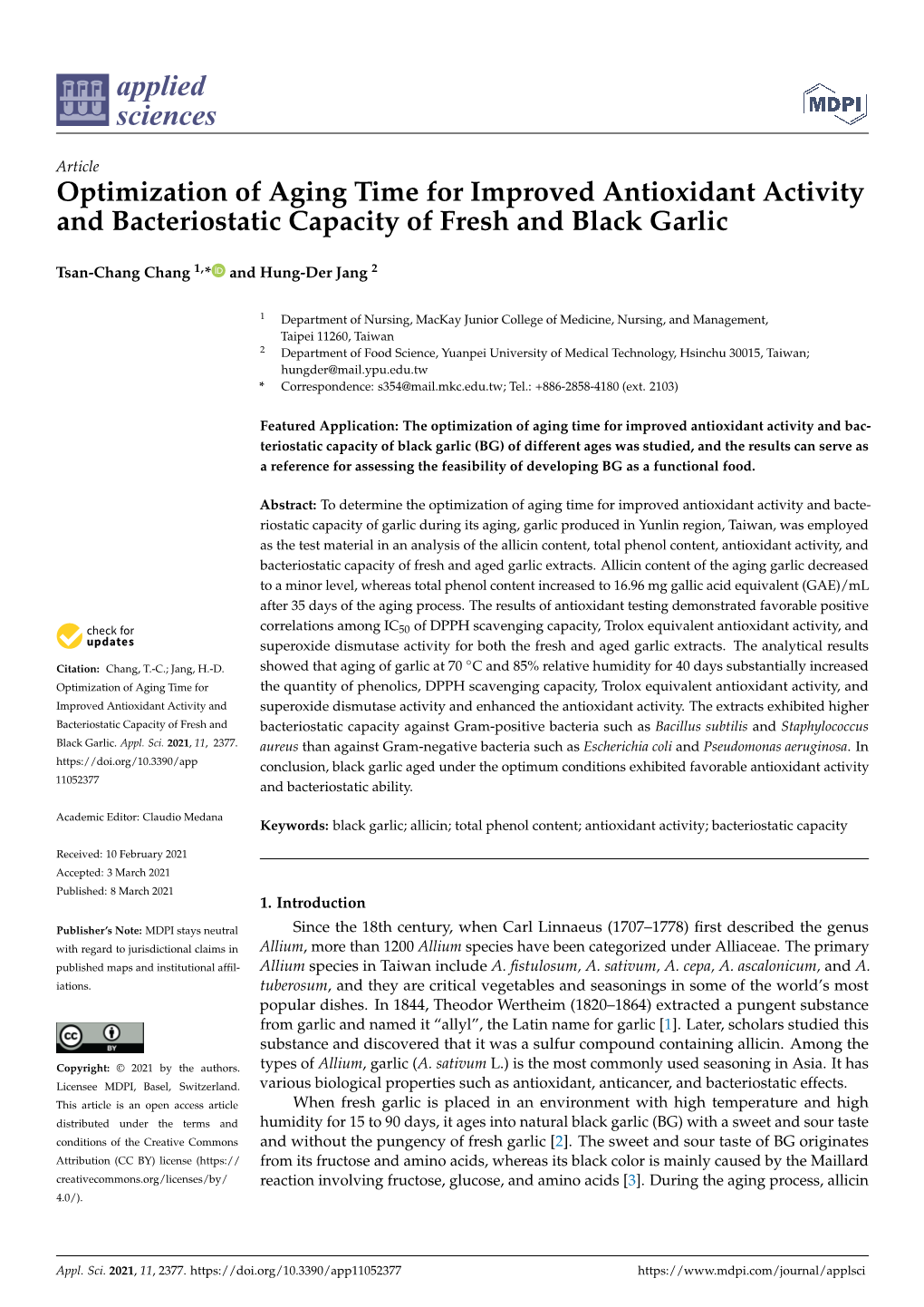 Optimization of Aging Time for Improved Antioxidant Activity and Bacteriostatic Capacity of Fresh and Black Garlic