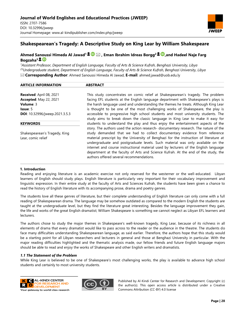 (JWEEP) ISSN: 2707-7586 DOI: 10.32996/Jweep Journal Homepage