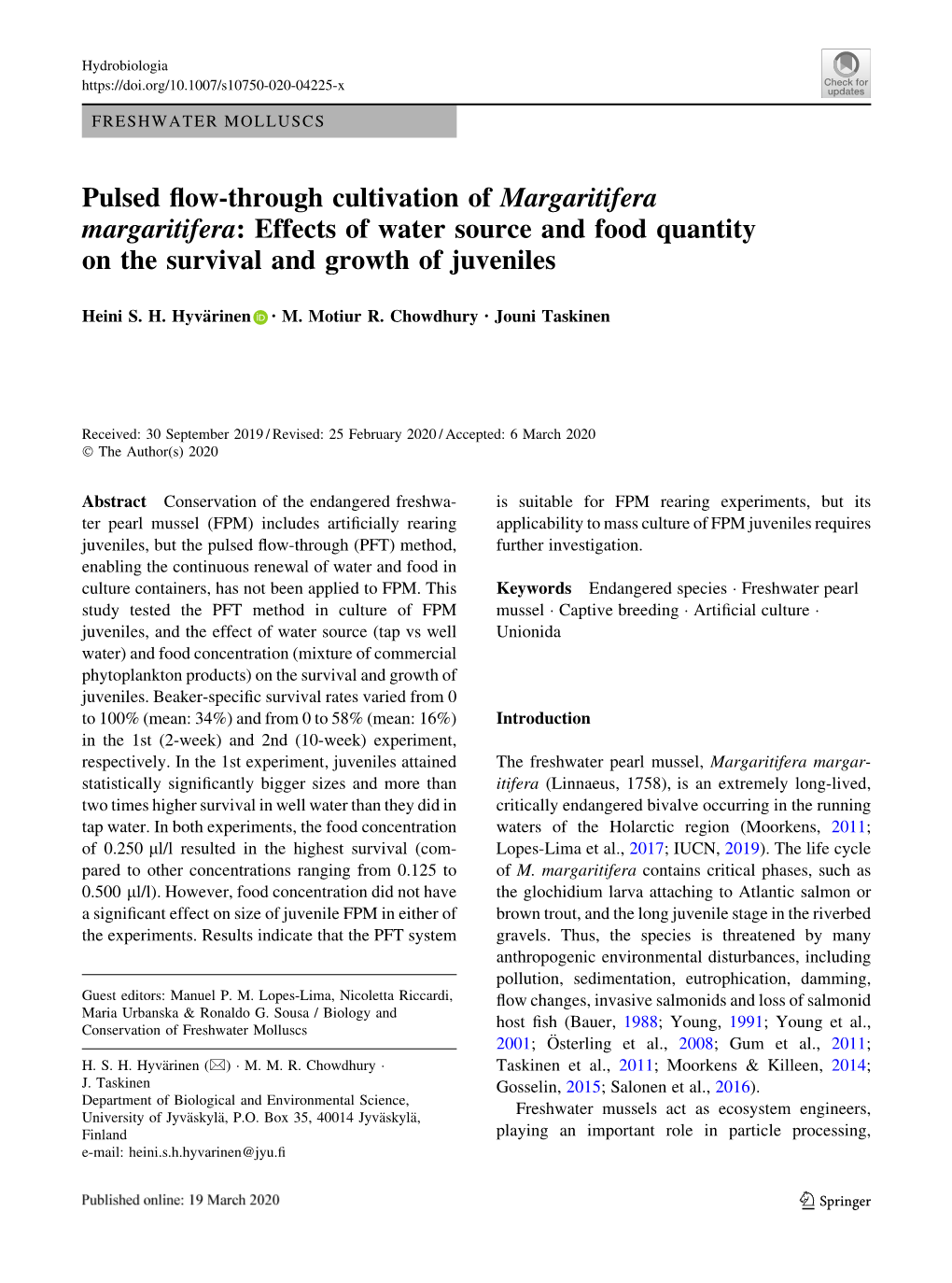 Effects of Water Source and Food Quantity on the Survival and Growth of Juveniles