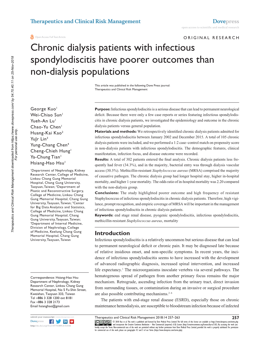 Chronic Dialysis Patients with Infectious Spondylodiscitis Have Poorer Outcomes Than Non-Dialysis Populations