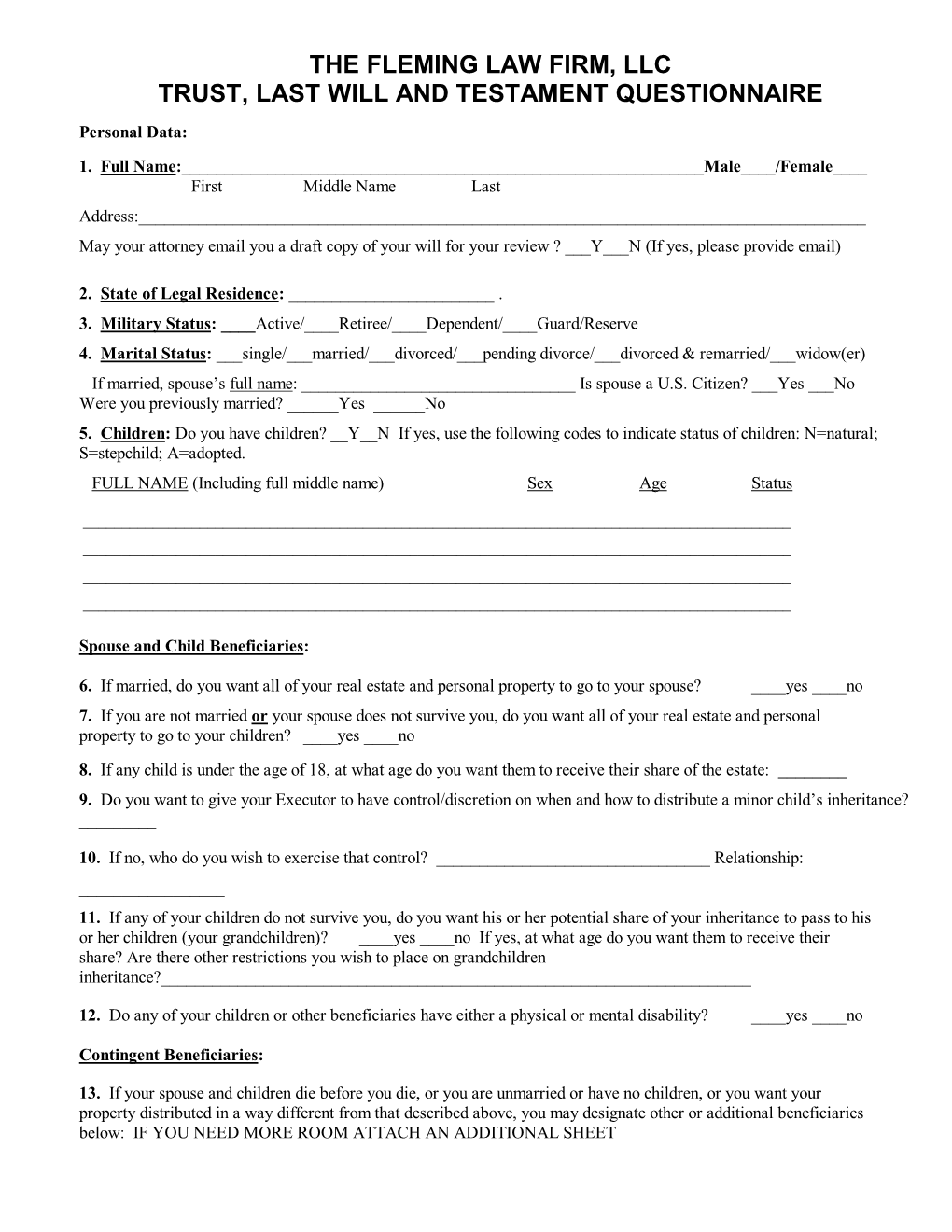 Last Will and Testament Questionnaire