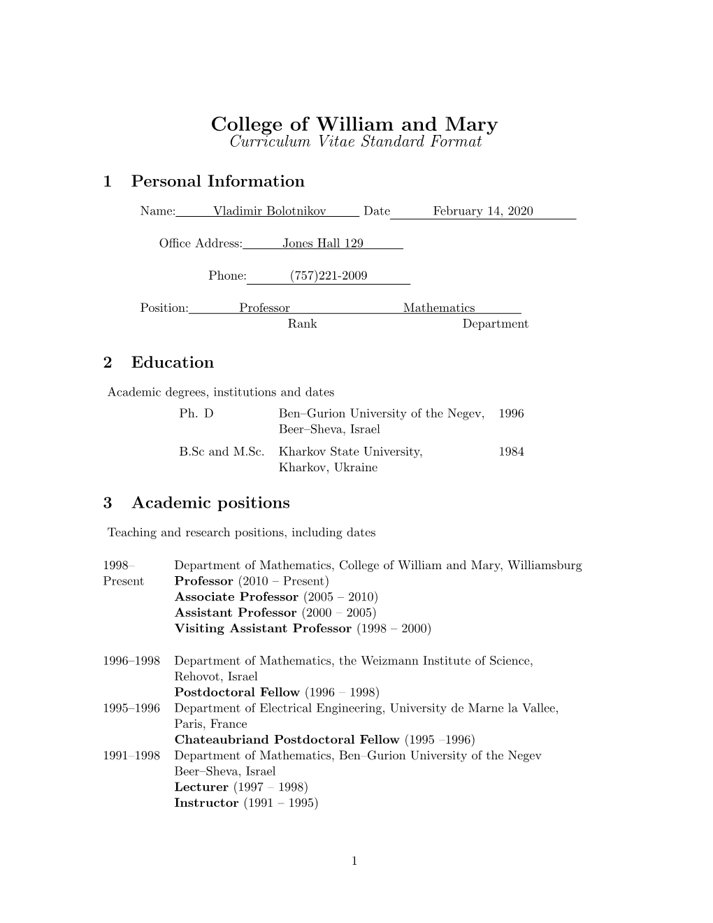 College of William and Mary Curriculum Vitae Standard Format