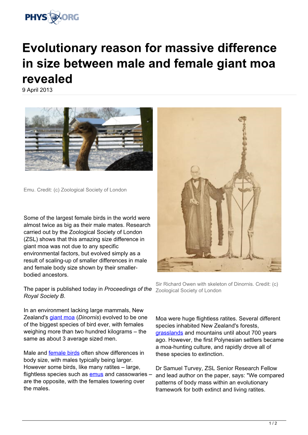 Evolutionary Reason for Massive Difference in Size Between Male and Female Giant Moa Revealed 9 April 2013
