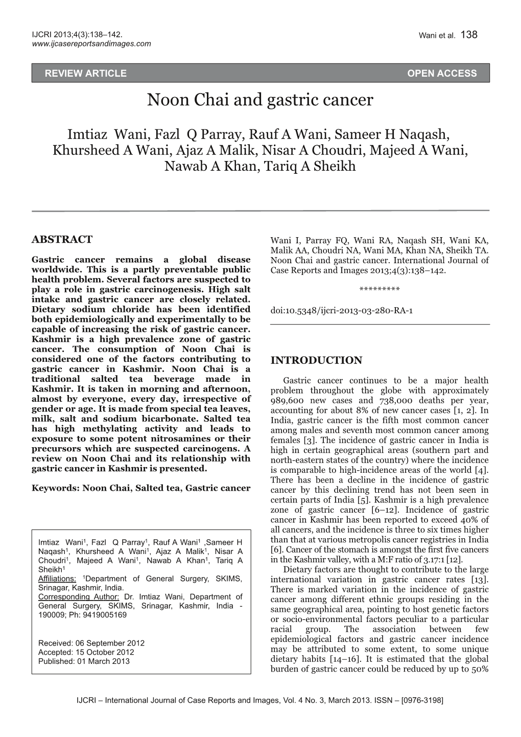 Noon Chai and Gastric Cancer