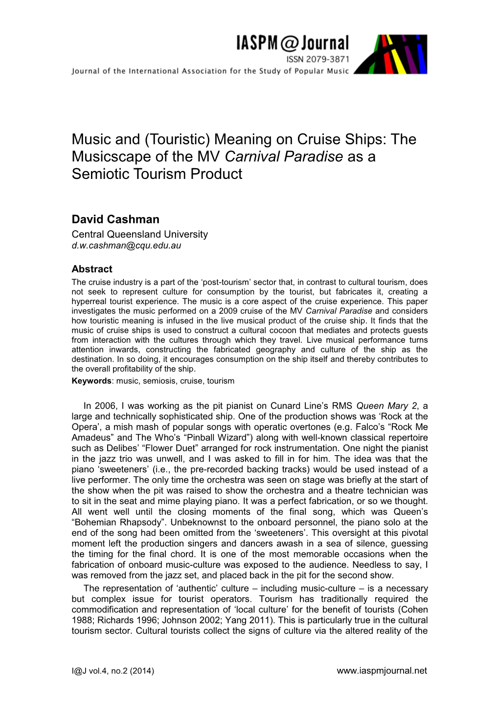 Music and (Touristic) Meaning on Cruise Ships: the Musicscape of the MV Carnival Paradise As a Semiotic Tourism Product