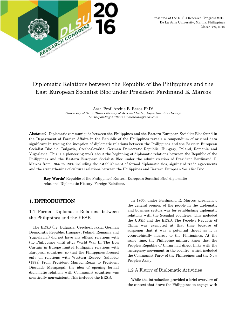 Diplomatic Relations Between the Republic of the Philippines and the East European Socialist Bloc Under President Ferdinand E. Marcos