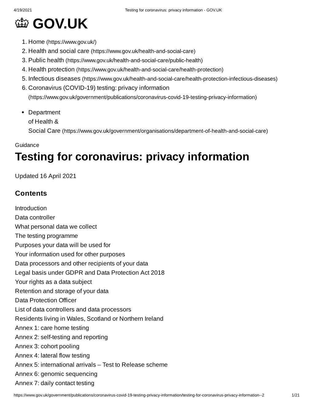 Testing for Coronavirus: Privacy Information - GOV.UK GOV.UK