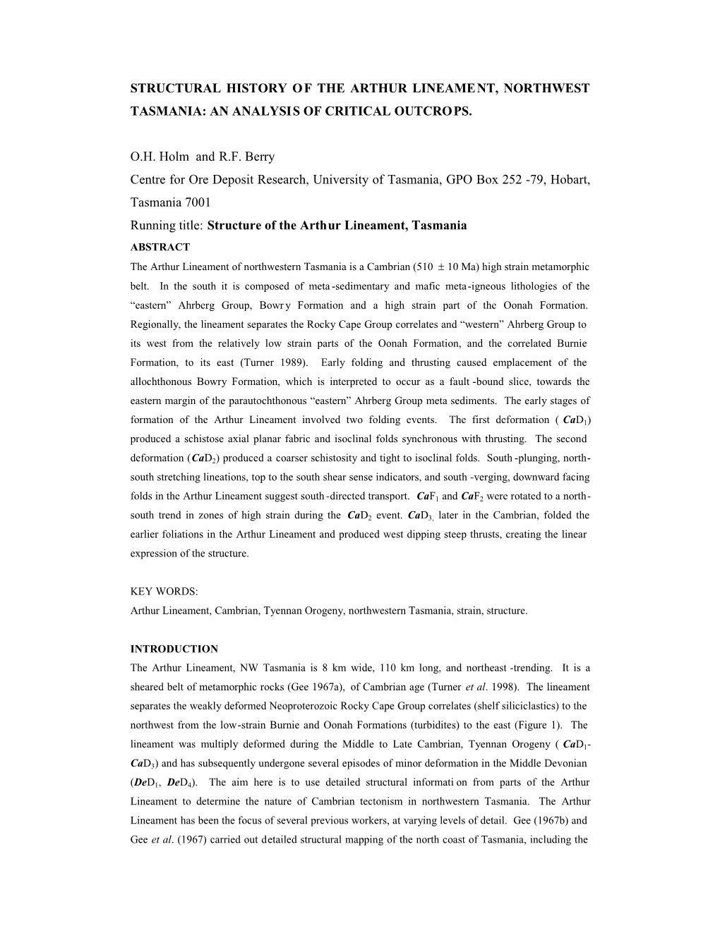 Structural History of the Arthur Lineament, Northwest Tasmania: an Analysis of Critical Outcrops