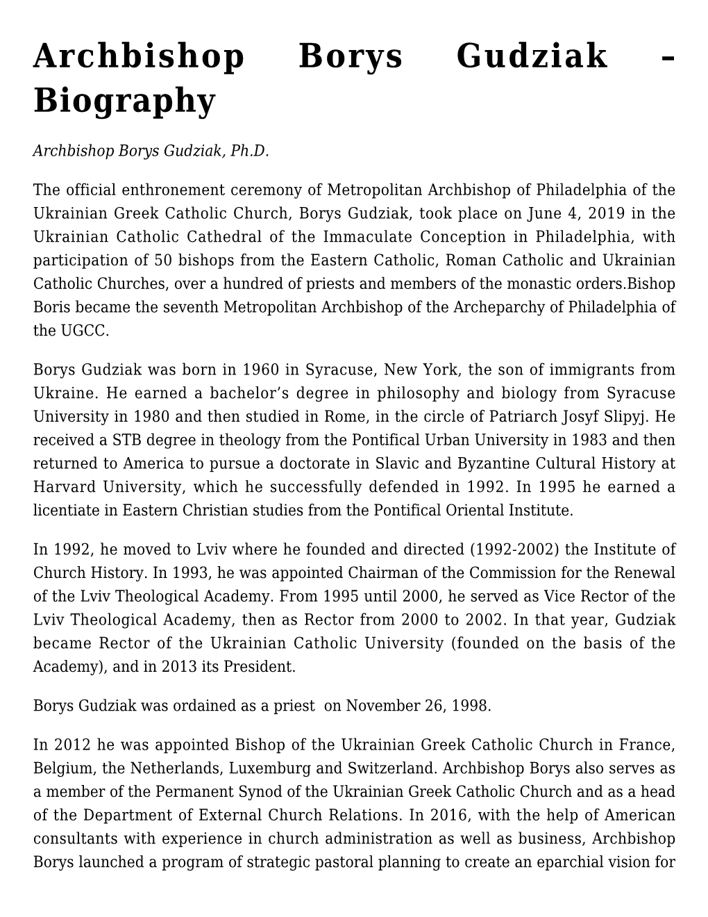 Archbishop Borys Gudziak &#8211; Biography