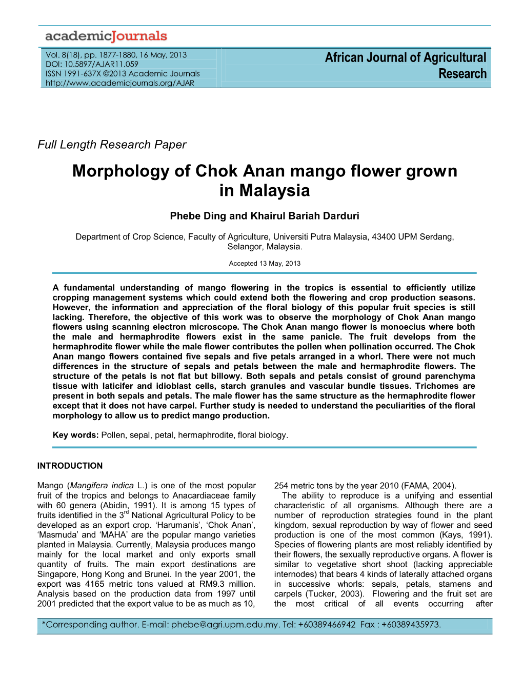 Morphology of Chok Anan Mango Flower Grown in Malaysia