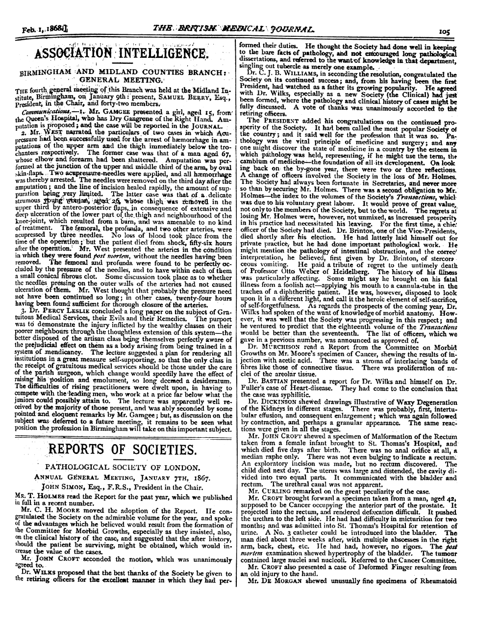 ASSOCIATION INTELLIGENCE. Lissertatio;, and Referred to the Want'of Knowledge in That Department, Iingling out Tubercle As Merely One Example