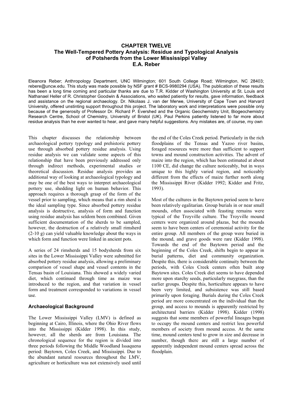 CHAPTER TWELVE the Well-Tempered Pottery Analysis: Residue and Typological Analysis of Potsherds from the Lower Mississippi Valley E.A