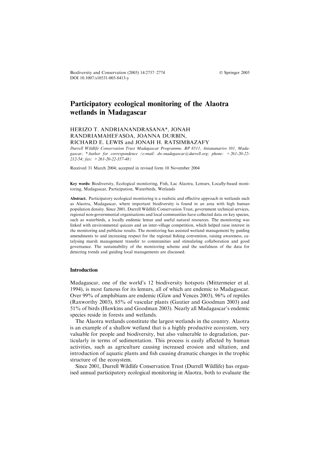 Participatory Ecological Monitoring of the Alaotra Wetlands in Madagascar