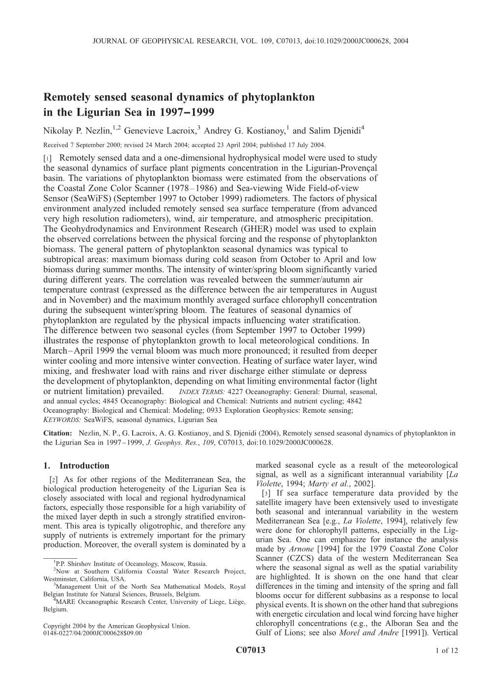 Remotely Sensed Seasonal Dynamics of Phytoplankton in the Ligurian Sea in 1997––1999 Nikolay P