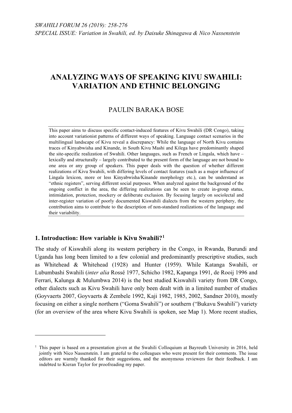 Analyzing Ways of Speaking Kivu Swahili: Variation and Ethnic Belonging