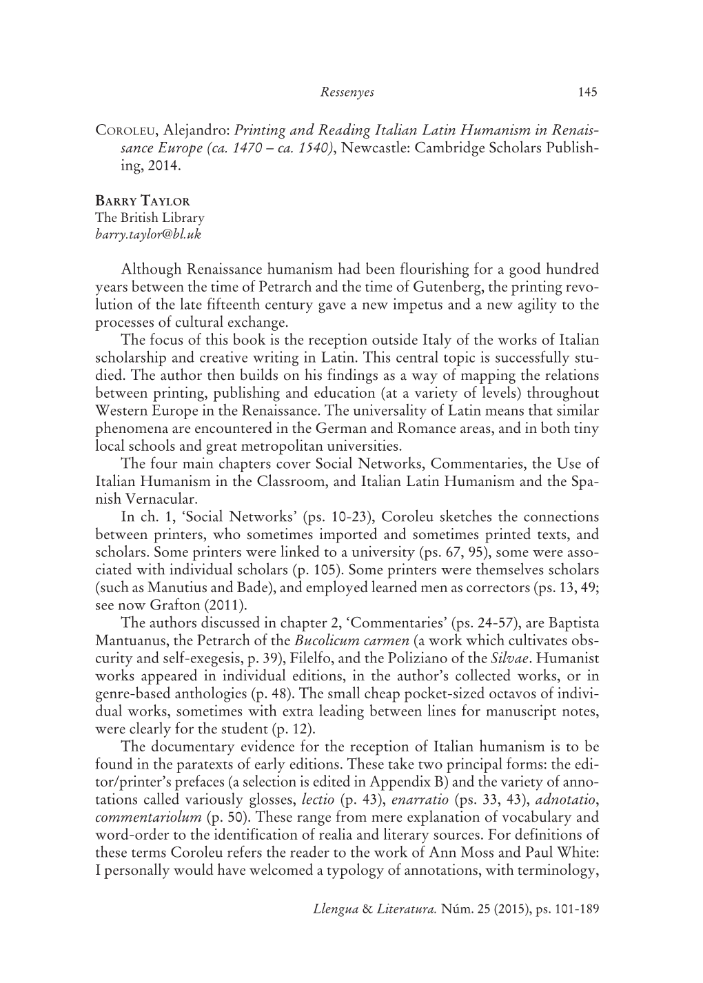 Coroleu, Alejandro: Printing and Reading Italian Latin Humanism in Renais- Sance Europe (Ca