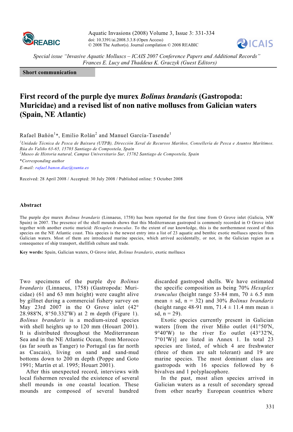 First Record of the Purple Dye Murex Bolinus Brandaris (Gastropoda: Muricidae) and a Revised List of Non Native Molluscs from Galician Waters (Spain, NE Atlantic)