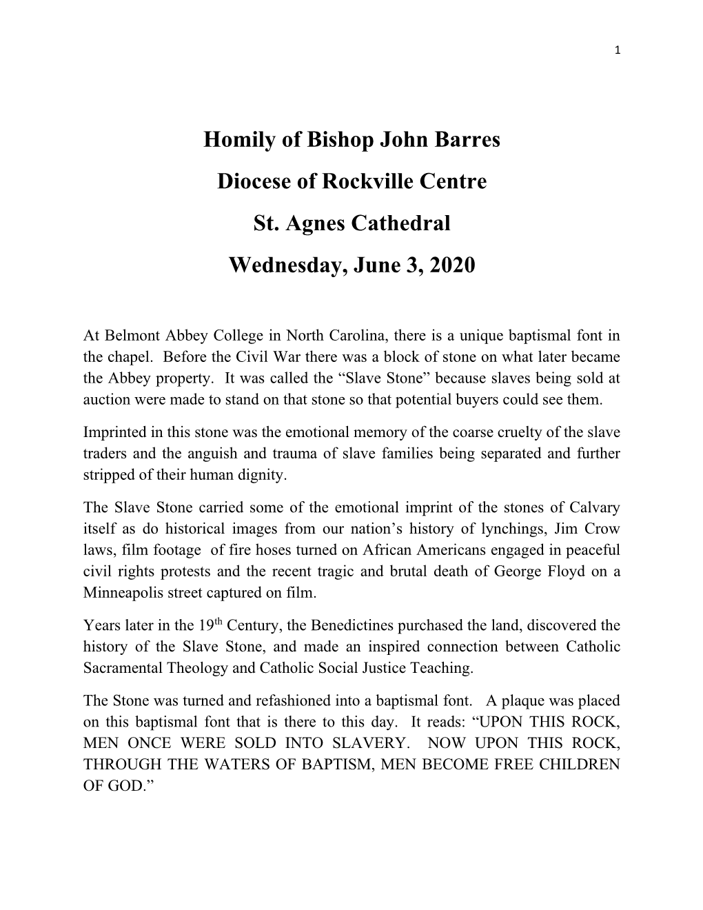 Homily of Bishop John Barres Diocese of Rockville Centre St. Agnes Cathedral Wednesday, June 3, 2020