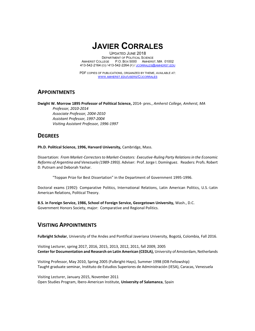 Javier Corrales Updated June 2018 Department of Political Science Amherst College P.O